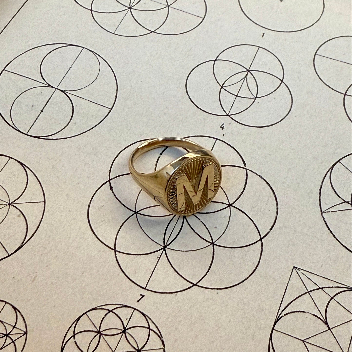 Sunburst signet ring in 18k solid gold on antique book