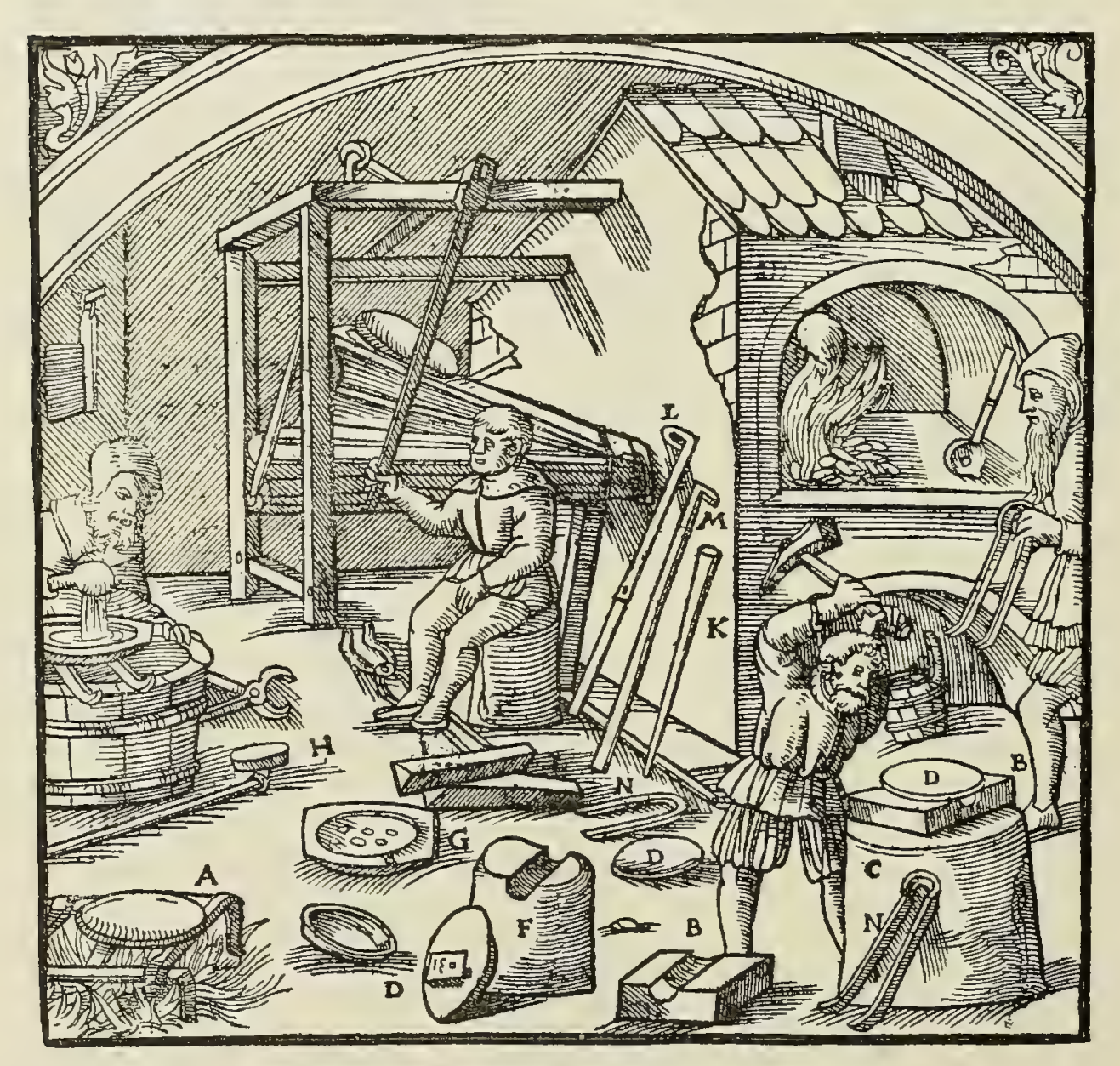 Woodcut from De Re Metallica of workers in a foundry.