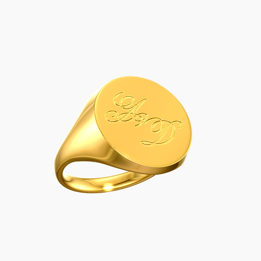 Circular gold signet ring with custom inscription