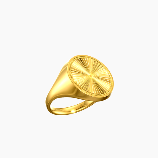 Sunburst signet ring solid gold 18k on white background