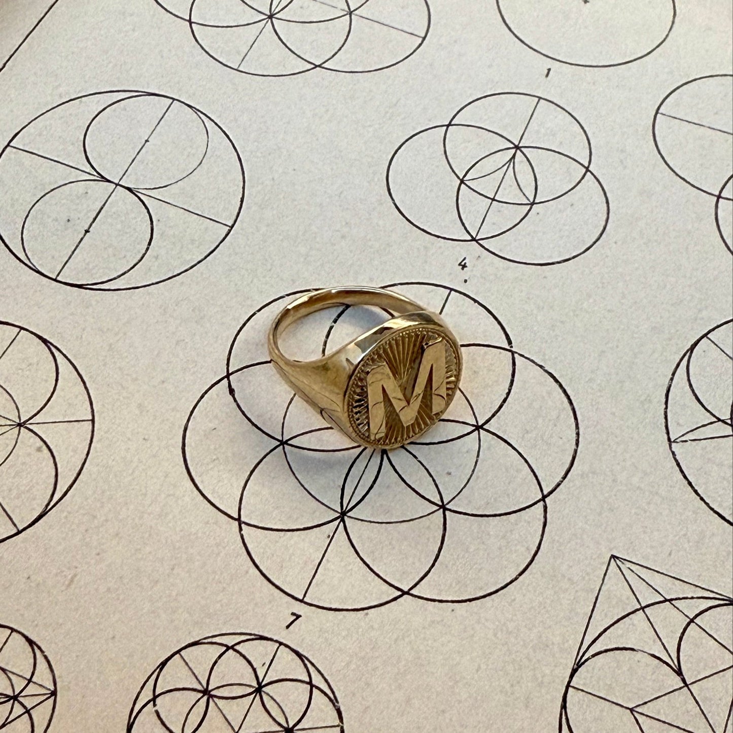 Sunburst signet ring in 18k solid gold on antique book