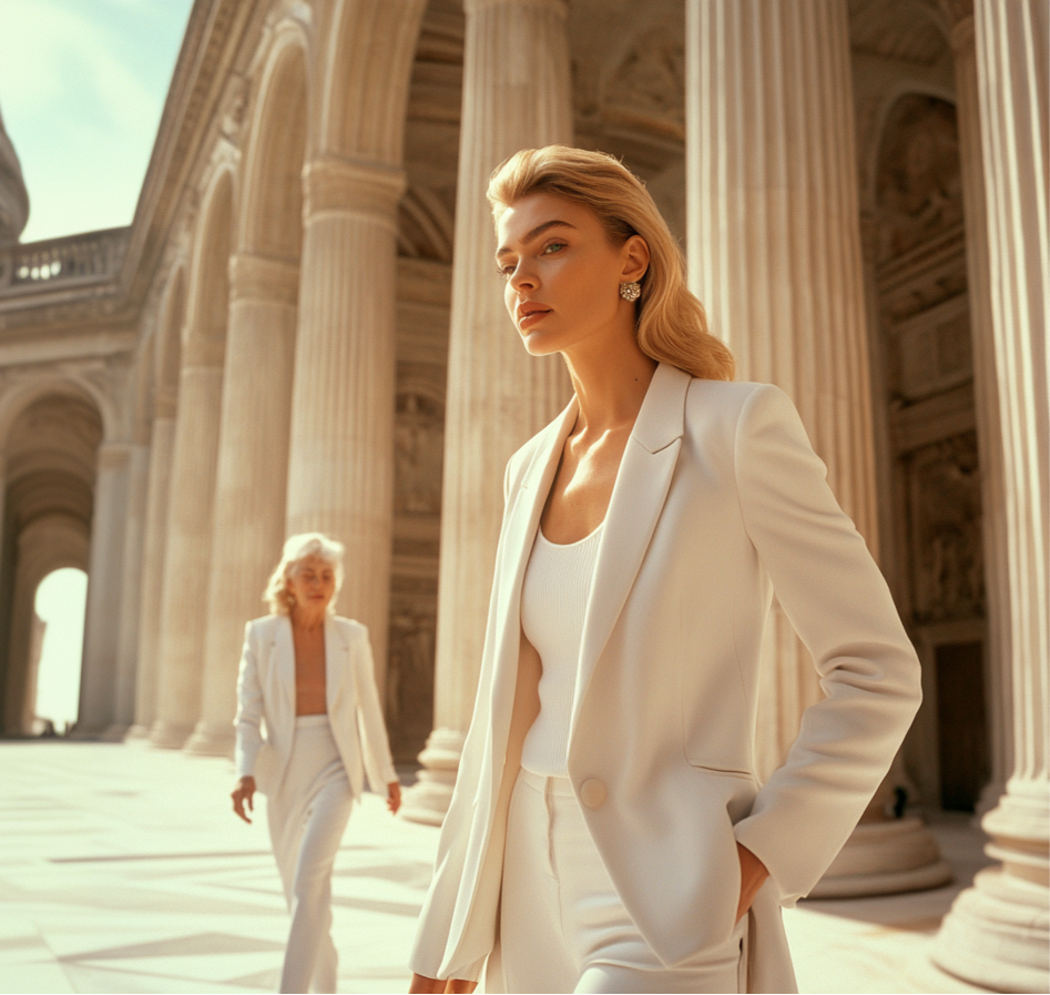 Photo of a blond woman in a white suit with her mother in the background, standing among neo classical columns