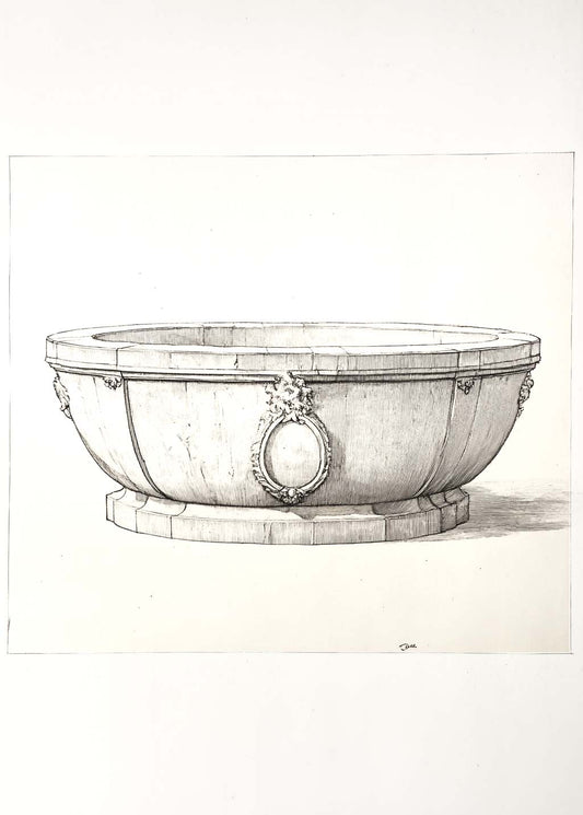 Detailed line drawing of a classical-style basin on a beige background