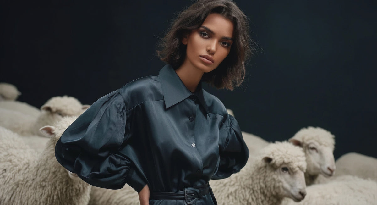 Woman in a dark outfit standing among sheep with a dark background
